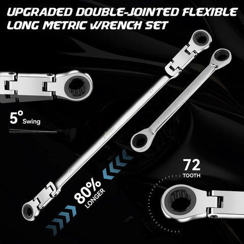 Extra Long Flex Head Ratchet Wrench Set, 6 Pc Metric 8-19mm, Box End Ratcheting Wrenches With 72-Tooth Cr-V Steel, Magnetic Pickup Tool Kit, 12-Point Combination Wrenches For Tight Spaces, Built For DIYers And Pros