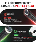 Pro Grade 4 In 1 PTFE Hose Tool corrects deformed fuel line cuts for perfect seal, showing before and after results on braided hose.