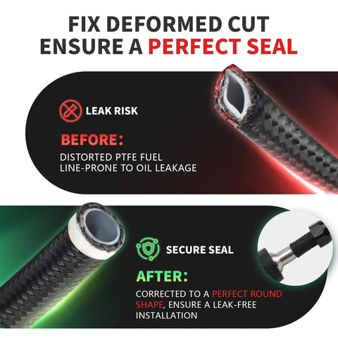 Pro Grade 4 In 1 PTFE Hose Tool corrects deformed fuel line cuts for perfect seal, showing before and after results on braided hose.