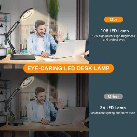 Comparison of two LED desk lamps: 108 LED lamp versus 36 LED lamp with a person working at a desk.