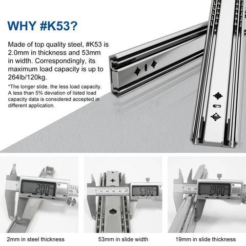 36 Inch Soft Close Heavy Duty Drawer Slides With Full Extension, Ball Bearing, Side Mount, 265 Lb Load Capacity, steel thickness detail