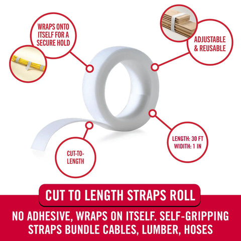 White 1 Inch Wide Reusable Self Gripping Straps Roll Cut To Length For Bundling Poles Wood Pipes Lumber Hoses And Tools