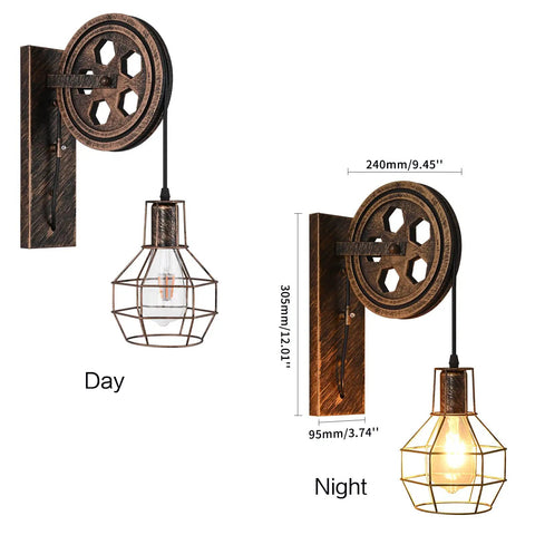 Retro Industrial Wall Sconce Set in Antique Brass Vintage Plug In Lantern Lights 2 Pack Metal Wall Lamps day and night view