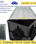 Galvanized Steel Drain Grate 16x16 In For Vodaland Catch Basin with black catch basin, top view showing load rating and dimensions