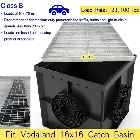 Galvanized Steel Drain Grate 16x16 In For Vodaland Catch Basin with black catch basin, top view showing load rating and dimensions
