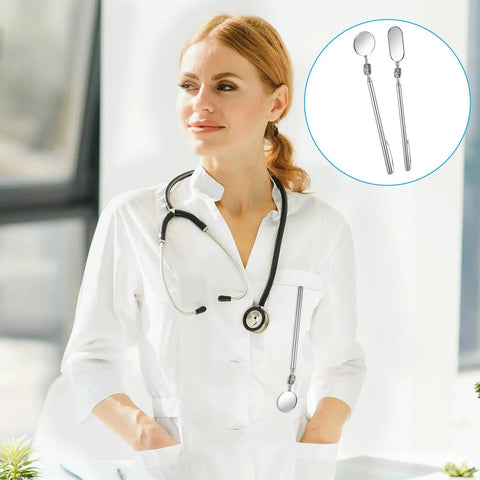 Five Piece Telescoping Inspection Mirror Set With Retractable Handles And 360 Degree Rotating Mirror Heads, stainless steel, shown in use by a person.