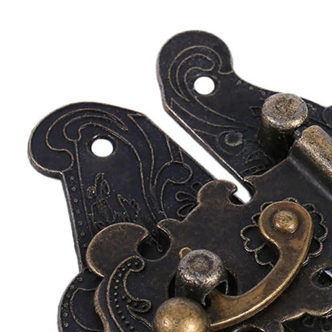 Close-up of Antique Bronze Hasps Latch Set For Vintage Boxes And Cabinets with detailed engraving, zinc alloy hardware.