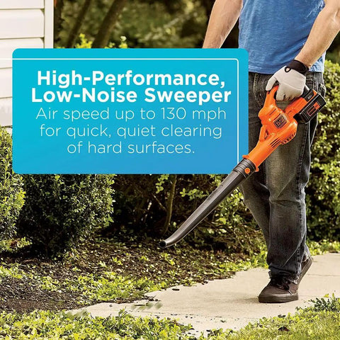 Man using 40V Max Cordless Sweeper And String Trimmer All In One With Battery And Charger Included No Wires No Fuss Convenience Auto Feed Spool