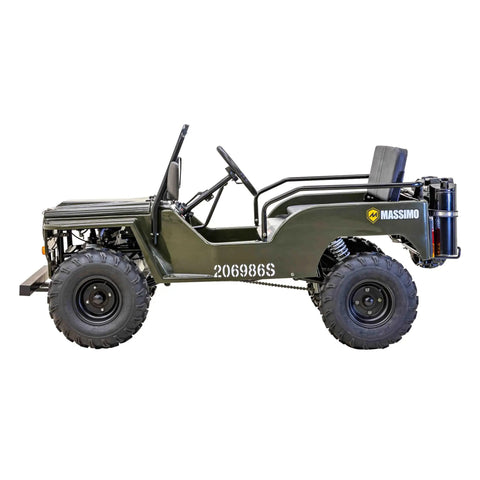 Side view of Mini 125cc Go Kart With 3 Speed Semi Automatic Transmission, Rugged Off Road ATV Style for trails and backyard fun.