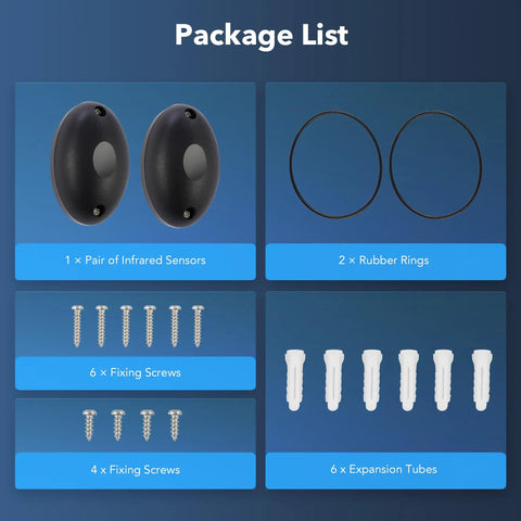 Package contents of Infrared Gate Sensor Kit For Outdoor Gates And Garage Doors Photo Eye IR Beam Safety Sensor Photocell