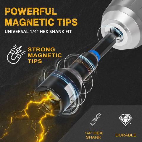Close-up of powerful magnetic tips with universal 1/4 inch hex shank from All In One 86 Piece Magnetic Impact Nut Driver Set