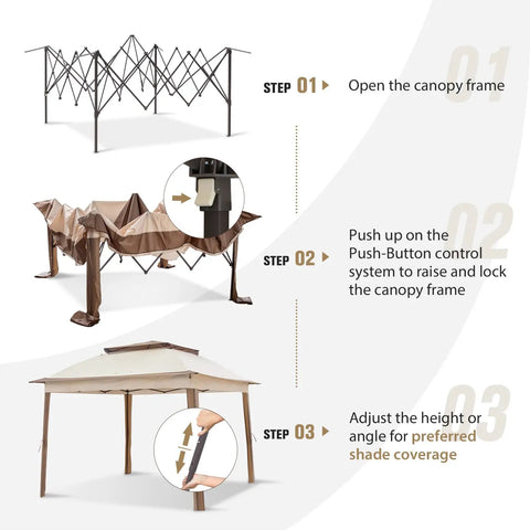 Setup steps for Pop Up Gazebo 11x11 Instant Canopy Tent With Mesh Netting, Patio Shade Shelter for Beach or Backyard, Beige.