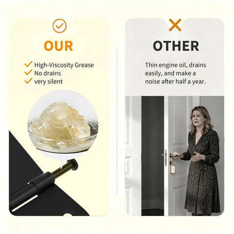 Comparison of high-viscosity grease for door hinges vs other oils, showcasing advantages and a distressed woman.