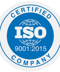 ISO 9001:2015 certified company seal badge visible in blue circle.