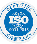 ISO 9001:2015 certification sticker for companies, featuring blue and white colors with a globe design.