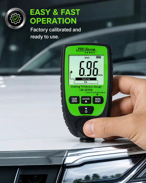 Hardcore Car Paint Thickness Gauge With Digital Coating Meter, 0.1 Micrometer Resolution, 0 to 1500 Micrometer Range, Auto Fe NFe Detection, Backlit LCD, High Accuracy for Detailing and Used Car Inspections. Handheld gauge on white car hood
