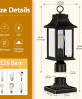 Dusk to Dawn Outdoor Post Light 19.29 Inch Matte Black Lamp Post With Pier Mount, shown with size dimensions and bulb type.