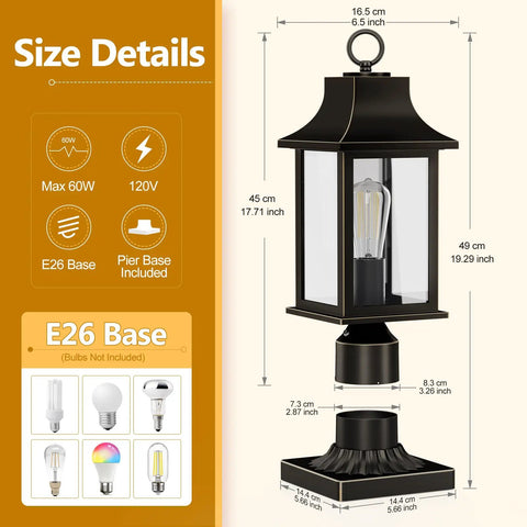 Dusk to Dawn Outdoor Post Light 19.29 Inch Matte Black Lamp Post With Pier Mount, shown with size dimensions and bulb type.