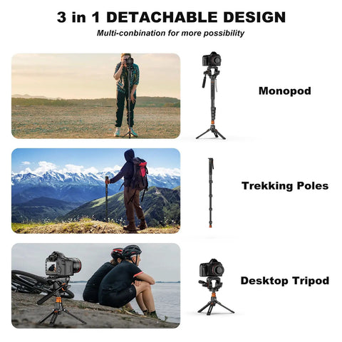 3 in 1 detachable design with Lightweight Aluminum Video Camera Monopod With Feet For Travel, shown as monopod, trekking poles, desktop tripod.