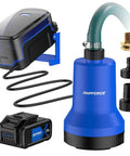 Cordless Submersible Water Transfer Pump With 20V Battery, 1003 GPH Flow, blue unit with battery and connectors