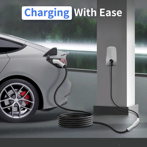 Heavy Duty Nacs Ev Charging Extension Cable Flex Your Tesla Charge Game With 21 Ft Extra Reach 240V 50A Rating, charging vehicle with wall station.