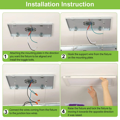 Two Pack 1x2 Ft LED Flat Panel Light installation steps showing wiring and mounting for flush ceiling fixture.