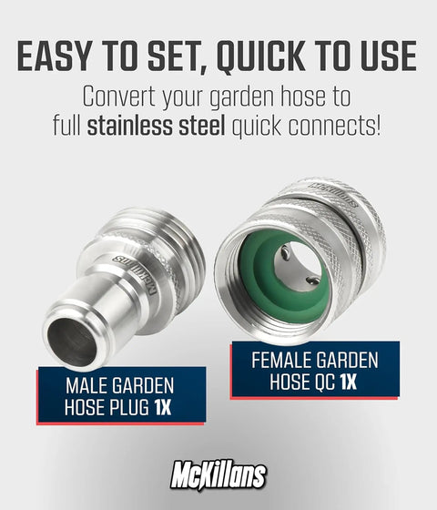 Universal Fit Stainless Steel Garden Hose Quick Connect Set With Viton Gaskets featuring male and female connectors.
