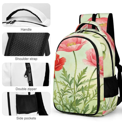 Red Pink Poppy Watercolor Printed Backpack for Unisex Everyday Carry with handle, shoulder strap, zippers, side pockets