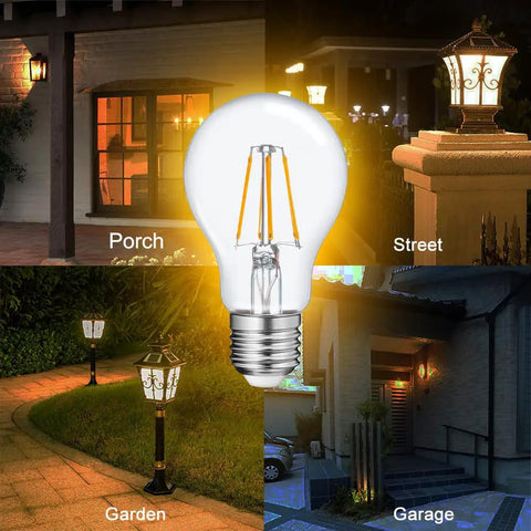A19 LED Dusk To Dawn Filament Bulb For Outdoor Use, 6W Equivalent To 60W, 2700K, illuminating porch, street, garden, and garage