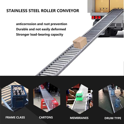 Heavy-Duty 40Cm Stainless Steel Roller Conveyor With 13 Foot Length For Super Fast Material Handling And Efficient Goods Transport In Any Woodworking Shop Or Industrial Setup Without Rusting supporting cardboard boxes on a truck ramp.