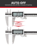 8 Inch Digital Caliper In Stainless Steel IP54 With Inch Millimeter Fraction Conversion And Large LCD Screen 0.001in Precision Zero Reset Button Measures 0 To 8 Inch Or 0 To 200 mm For Crafts Metals And Wood showing auto-off feature