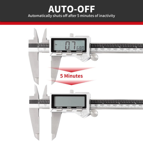 8 Inch Digital Caliper In Stainless Steel IP54 With Inch Millimeter Fraction Conversion And Large LCD Screen 0.001in Precision Zero Reset Button Measures 0 To 8 Inch Or 0 To 200 mm For Crafts Metals And Wood showing auto-off feature