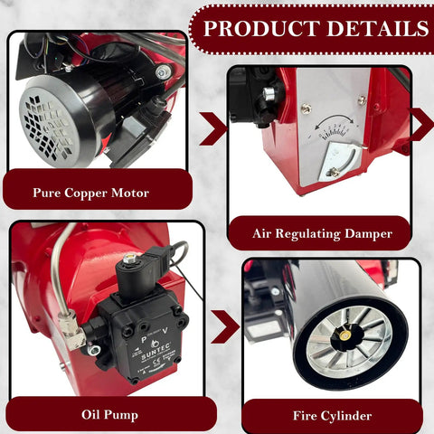 Close-up of components for Heavy Duty Single Stage Burner Light Oil Heater Featuring Kickstart Automatic Ignition including motor and pump.
