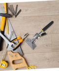 Metal Bender Hand Seamer Tool Plier for HVAC with Non Slip Handle, surrounded by various hand tools on a wooden surface.
