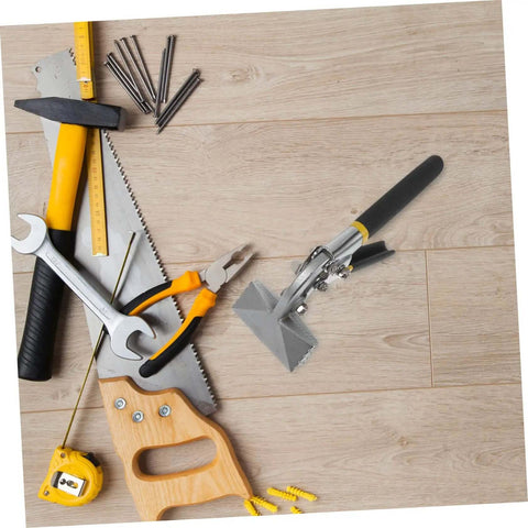 Metal Bender Hand Seamer Tool Plier for HVAC with Non Slip Handle, surrounded by various hand tools on a wooden surface.