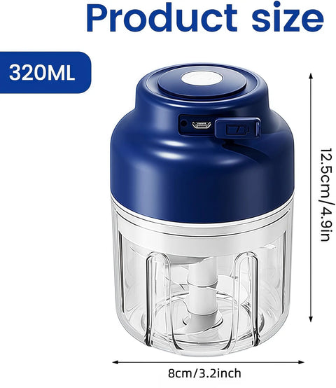 USB Rechargeable Mini Food Processor 320ML With 6 Stainless Blades Electric Garlic Chopper size display, 12.5cm height and 8cm width.
