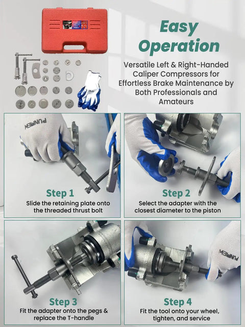24 Piece Heavy Duty Brake Caliper Compression Tool Set With Left And Right Thrust Bolts Disc Brake Piston Caliper Compressor Rewind Kit And C Hanger For Easy DIY Brake Service displayed with instructions and tools.