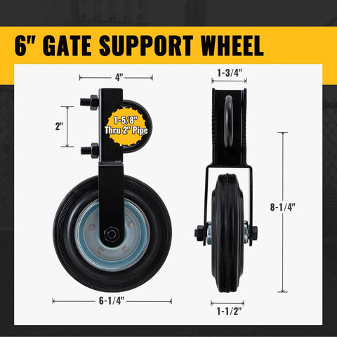 6 inch gate support wheel with black track for metal tube fences, part of Straight Up Solid Gate Roller Wheels To Take The Drag Out Of Metal Tube Fences Smooth Six Inch Black Anti Sag Tracks That Keep Chain Link Gates Swinging Easy Two Pack.