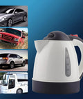 Road Trip Ready 12V Electric Hot Water Kettle Fast Boil Auto Shutoff next to various vehicles with stainless steel design.