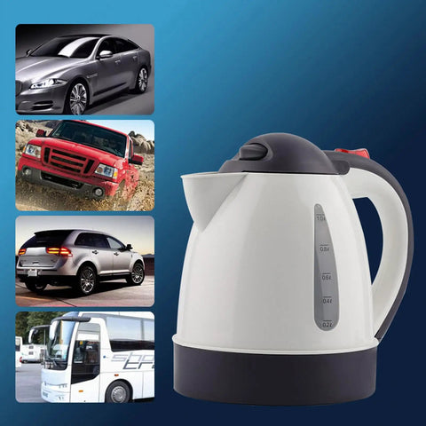 Road Trip Ready 12V Electric Hot Water Kettle Fast Boil Auto Shutoff next to various vehicles with stainless steel design.