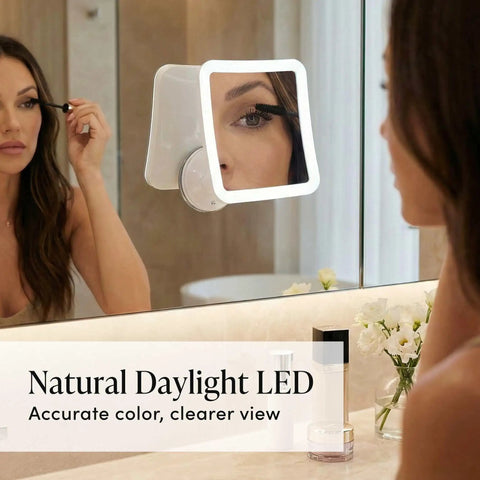 Woman using 10X Magnifying Lighted Makeup Mirror With Natural Daylight LEDs Portable Cordless Vanity Mirror 6.5 Inch Square.
