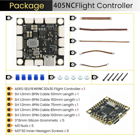 Selfie Ready Drone Flight Controller F405NC Pro Grade Rig With BMI42688 IMU, accessories including cables and screws.