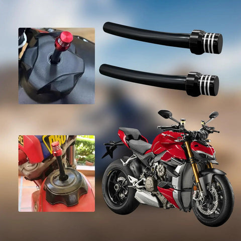 2 Pack Aluminum Breather Valve Kit For Gas Tank Cap And One Way Vent Tube CNC Machined Vent Valve Universal Fit For ATV Quad Dirt Bikes CRF YZF RMZ KLX DRZ Black displayed next to motorcycle.