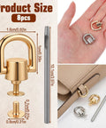 8 Pack D Rings For Purses With Punch Kit 360 Degree Rotatable Bag Hardware shown in gold and silver on hand and bag