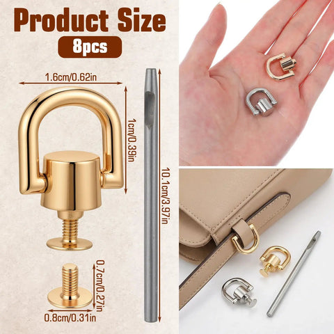 8 Pack D Rings For Purses With Punch Kit 360 Degree Rotatable Bag Hardware shown in gold and silver on hand and bag
