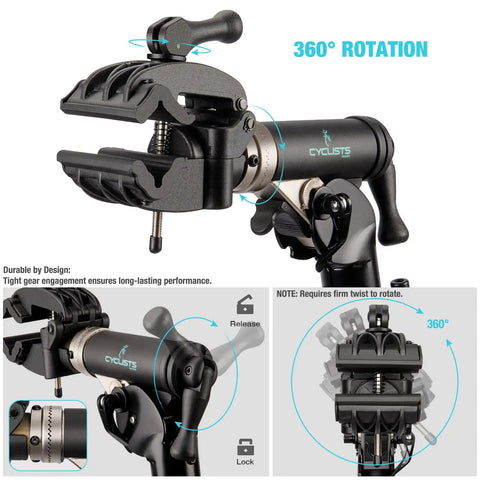 Close-up of clamp mechanism on Heavy Duty Bike Repair Stand With Hand Crank Mechanical Lift, showcasing 360-degree rotation feature.
