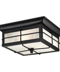 Orwell Two Light Outdoor Flush Mount Fixture In Textured Black Steel With Frosted Seeded Glass For Front Door Or Garage Entry