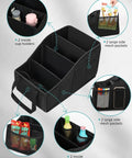 Backseat Car Organizer With Four Compartments, Four Cup Holders And Seven Mesh Pockets For Front And Rear Seats, Black, showing storage features