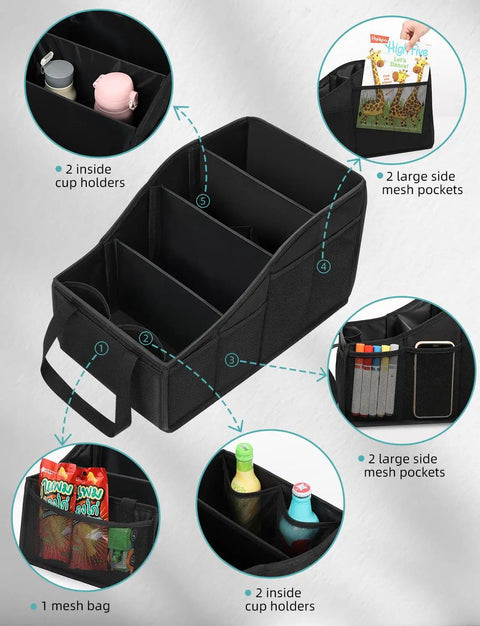 Backseat Car Organizer With Four Compartments, Four Cup Holders And Seven Mesh Pockets For Front And Rear Seats, Black, showing storage features