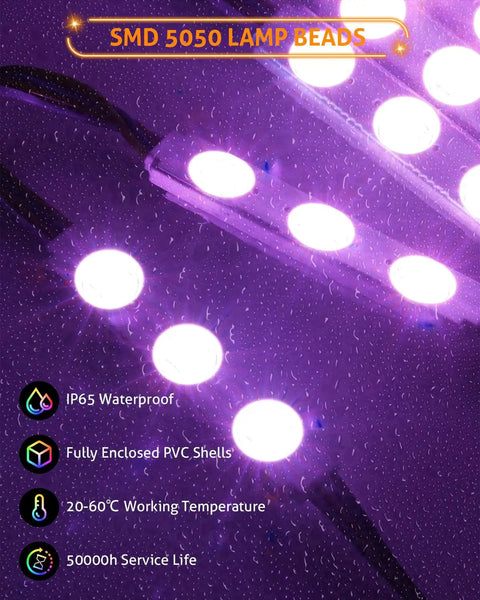 Close-up of 50 Foot LED Light Modules For Storefronts And Signs 100 Pack 0.92W Three LED SMD RGB Waterproof Adhesive Modules, purple light glow